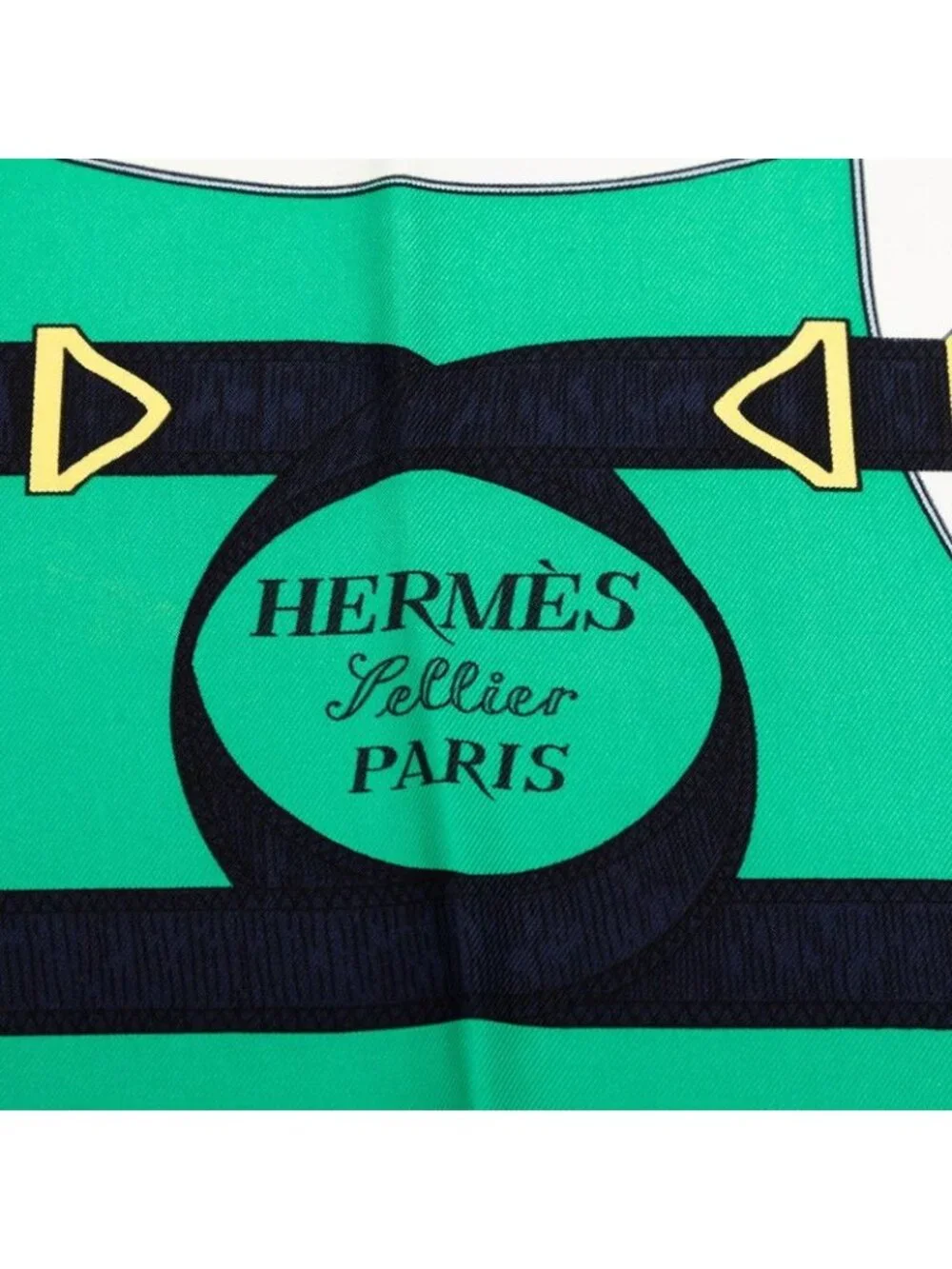 Hermes Carre 90 Apron D'or Yellow Gold Spurs Scarf Green Navy Silk